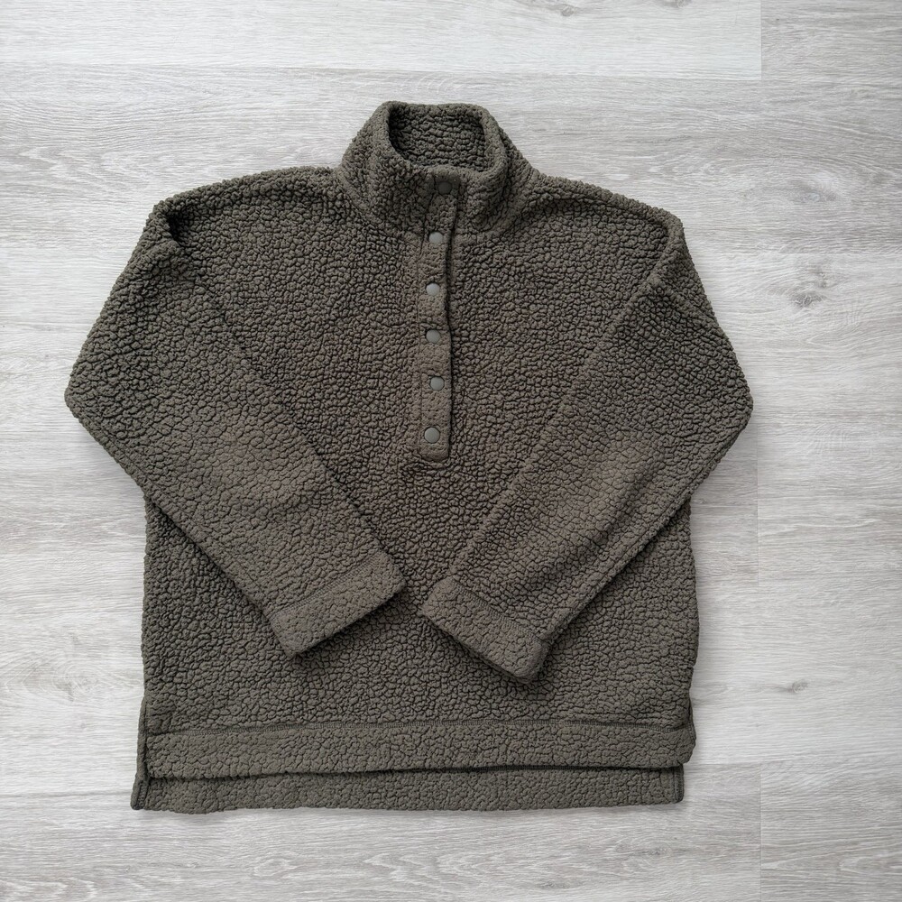 Aerie Women 1/4 Snap Cloud Sherpa Pullover Sweatshirt Oversized Sz M Olive Green